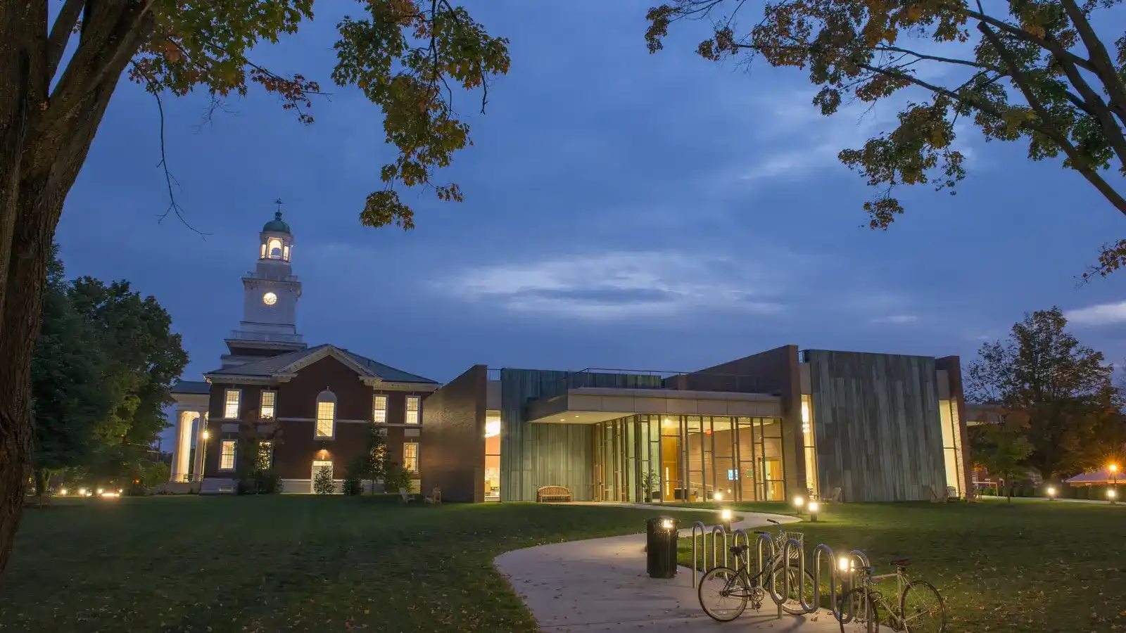 Penn State Dickinson School of Law exterior lit at night, modern facade