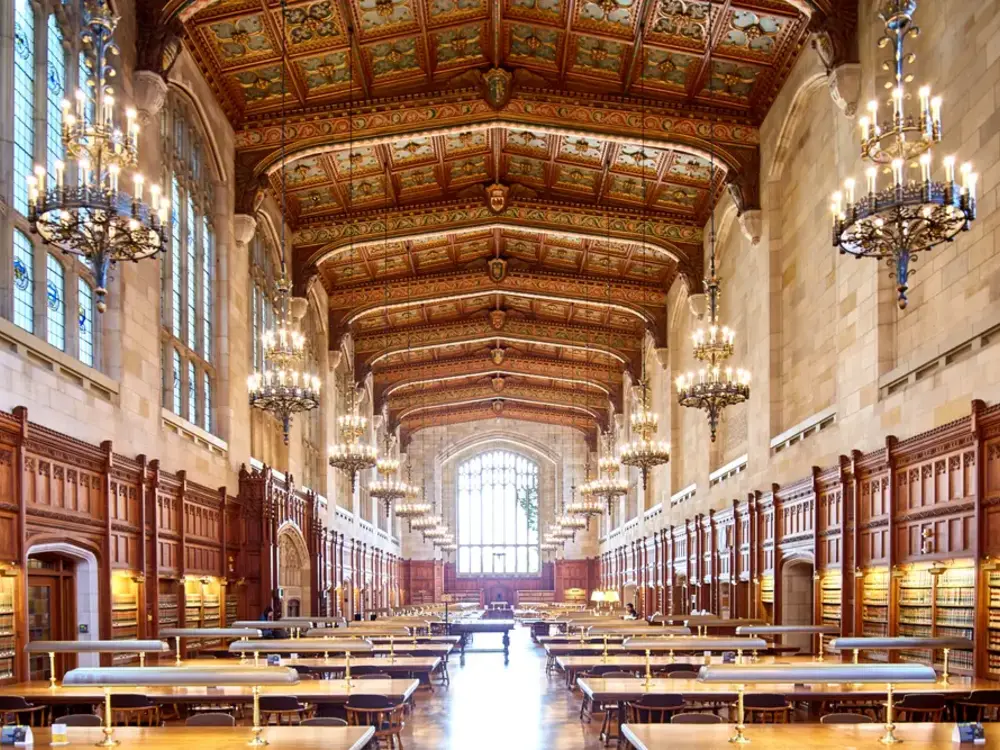 Interior of the law library at the University of Michigan, rows of legal volumes